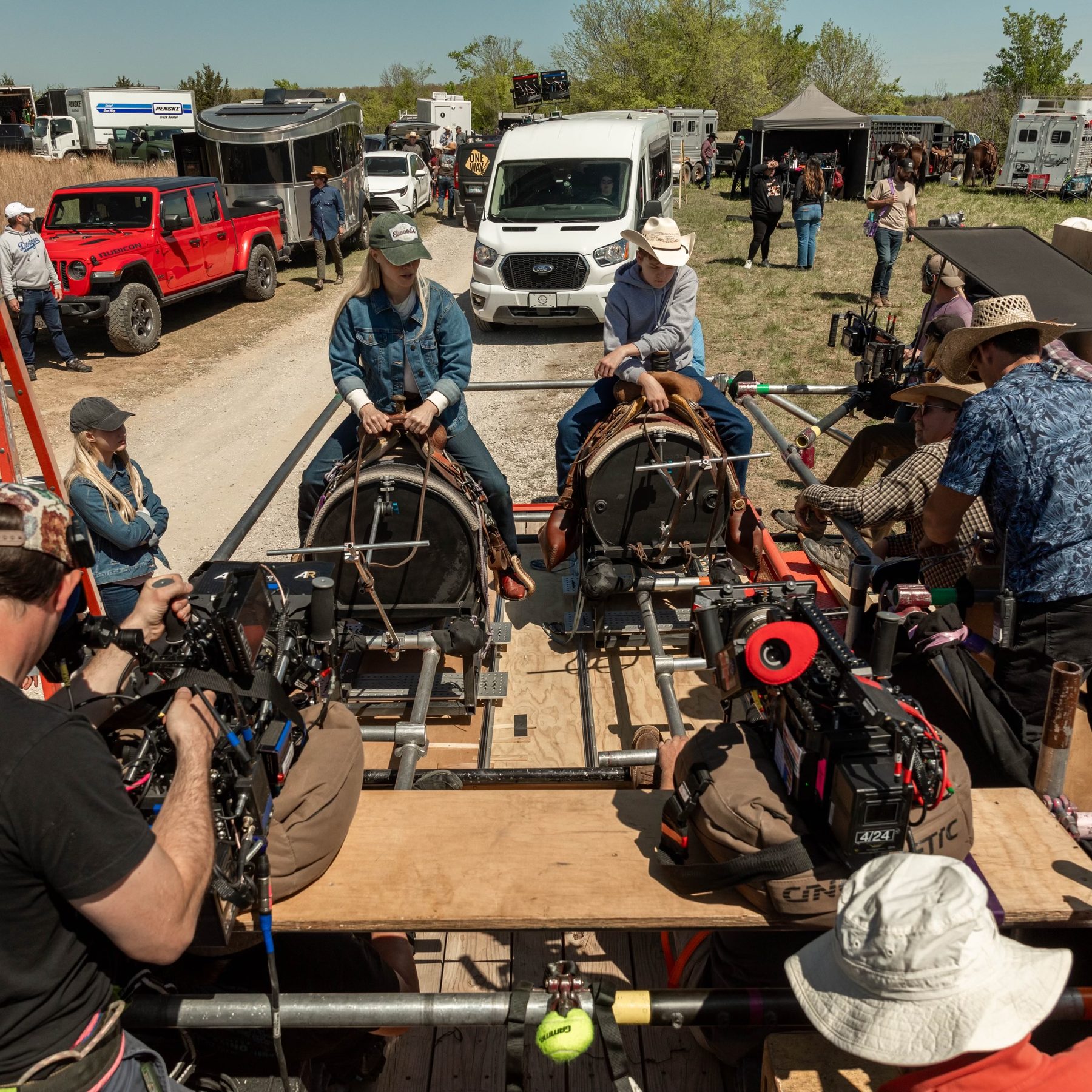 Process trailer rig with crew and camera on location