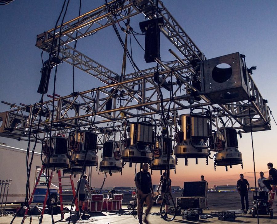 Lighting truss array at dusk